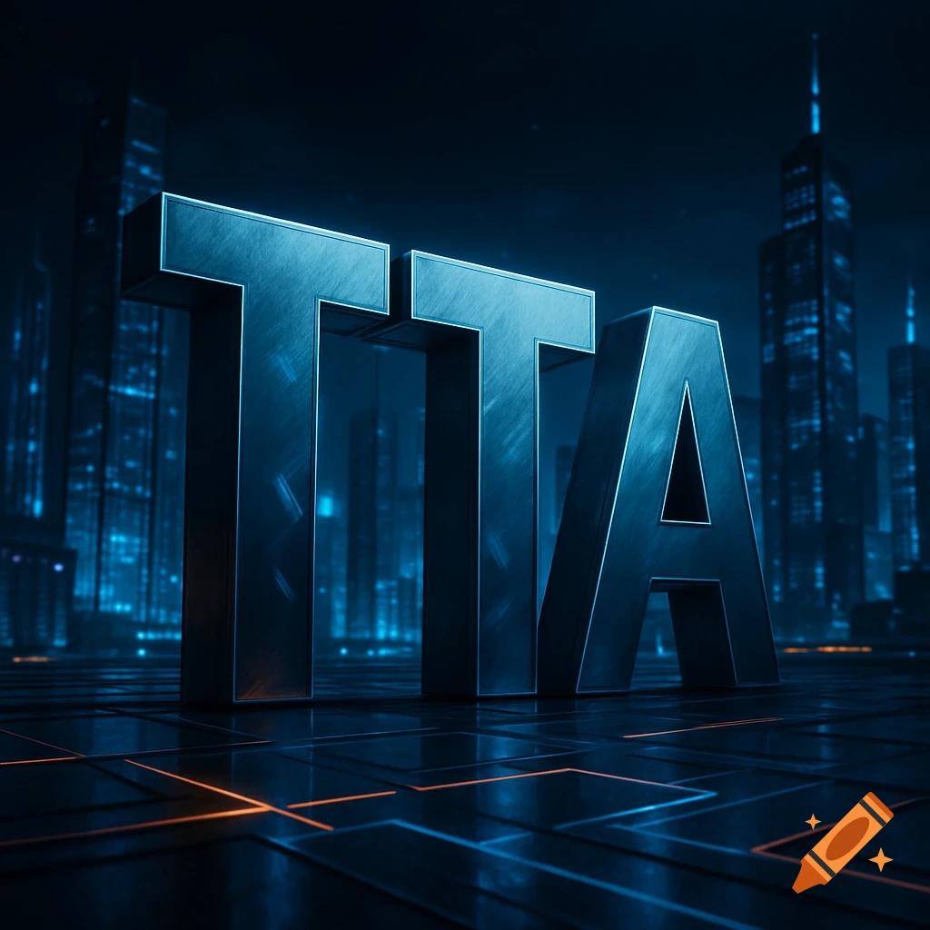 Three large, metallic, glowing block letters 'TTA' standing on a gridded platform in a dark, futuristic city at night.