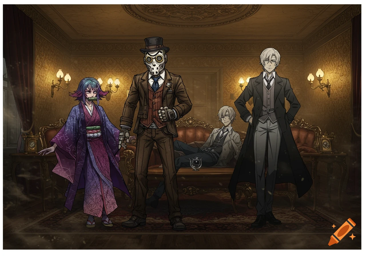 Four anime-style characters, including a woman with a bamboo muzzle and a man in a top hat and a hockey mask, stand in a richly decorated room.