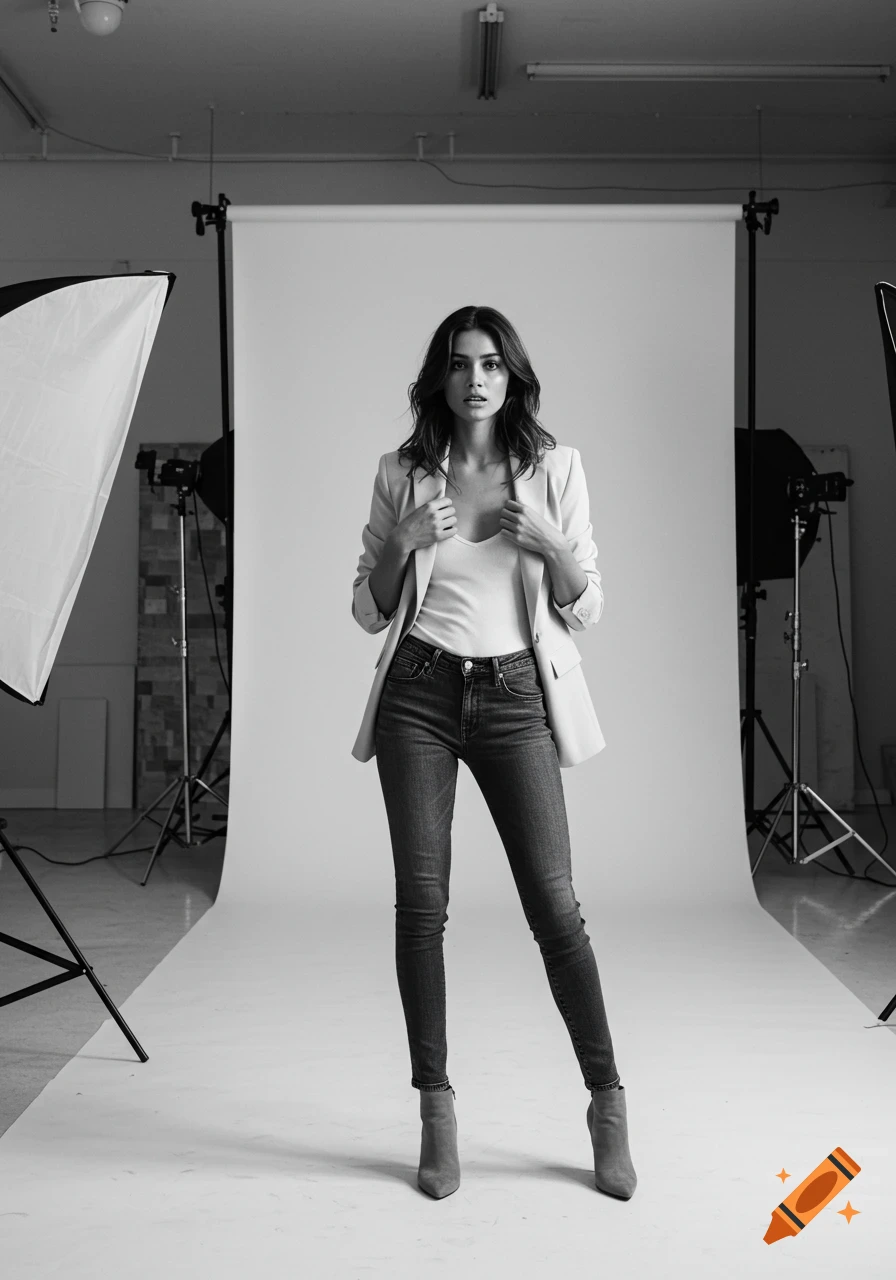 Black and white photorealistic portrait of a young woman in a blazer and jeans, looking confused in a fashion studio.