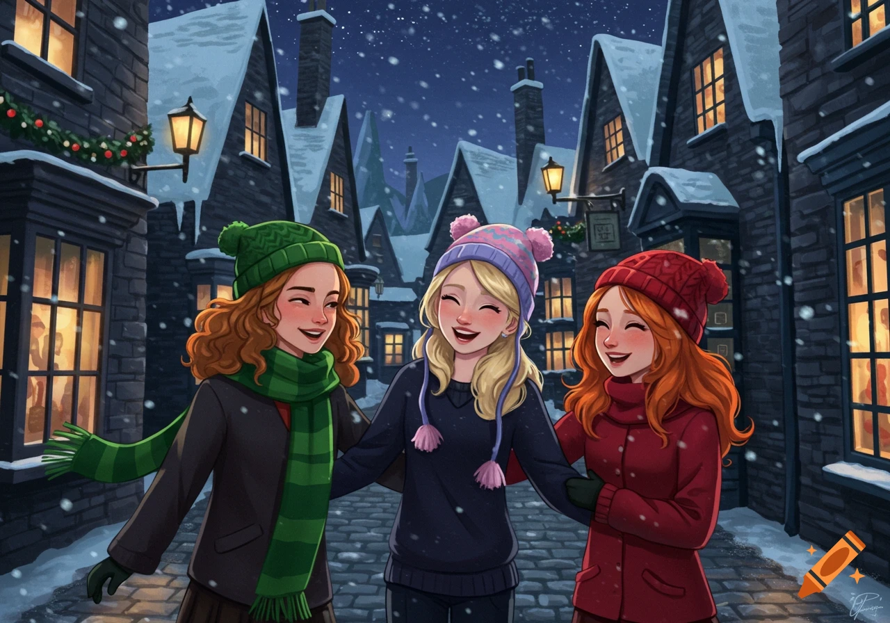 Three smiling young women, Hermione, Luna, and Ginny, walk arm-in-arm down a snowy village street at night, wearing winter clothes and beanies.