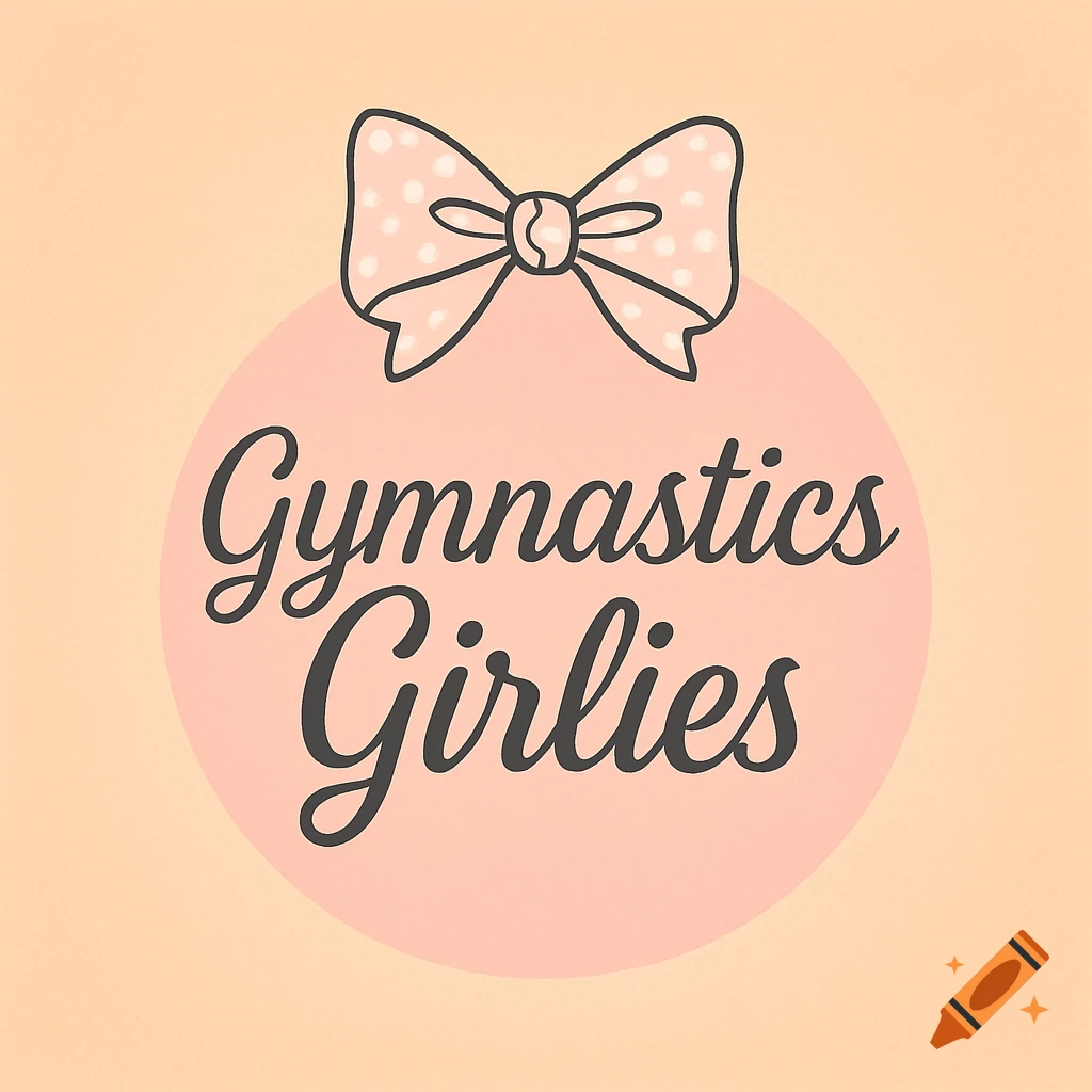 A pink circle logo with a black outline bow on top, containing the words 'Gymnastics Girlies' in a script font on a peach background.