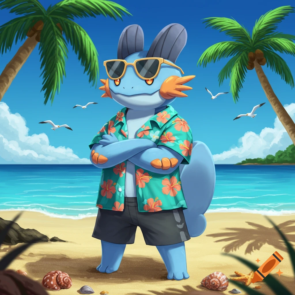 A blue cartoon Pokemon, Mudkip, wearing sunglasses, a teal Hawaiian shirt, and shorts, stands on a sunny beach with palm trees.