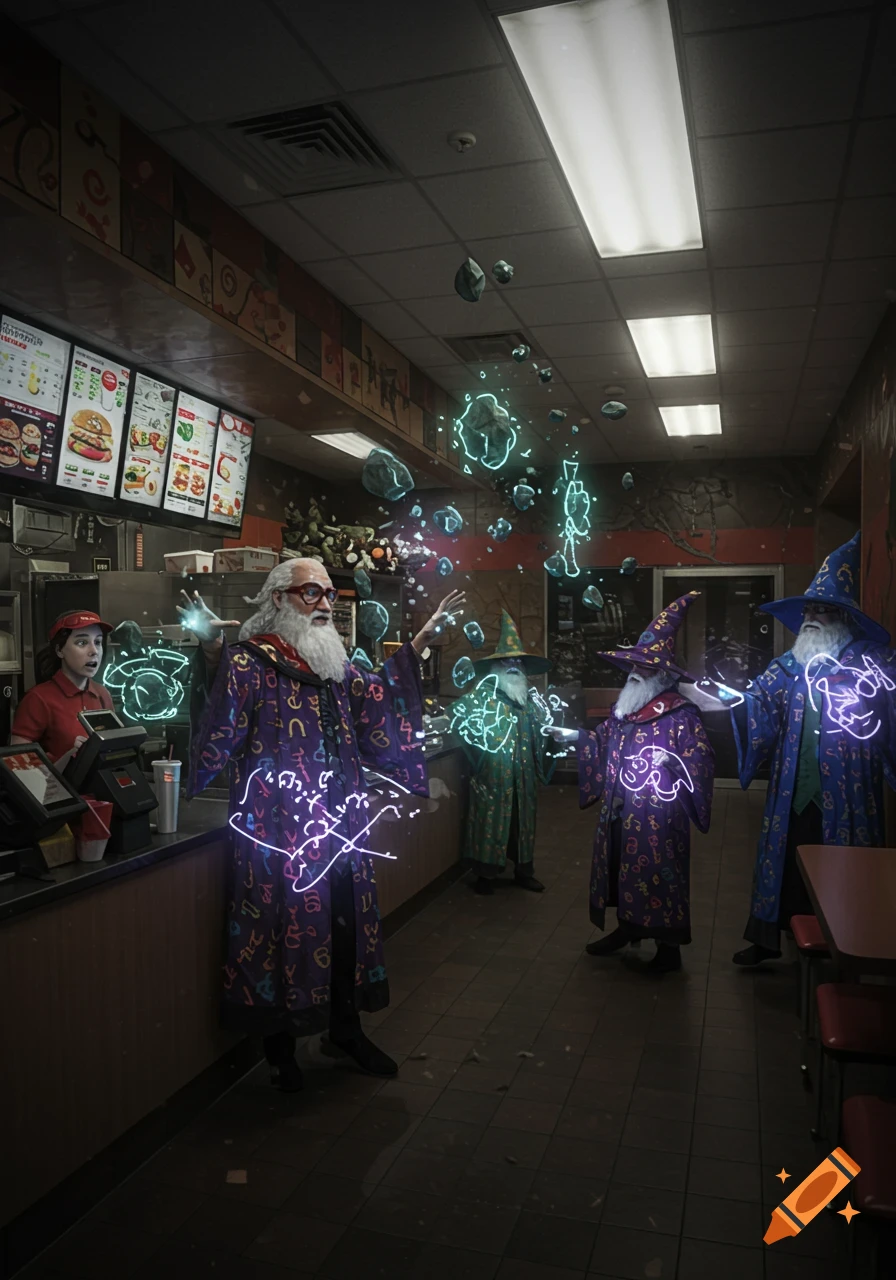 CCTV footage shows a group of wizards in robes and hats casting glowing spells and floating rocks at a surprised cashier in a fast-food restaurant.