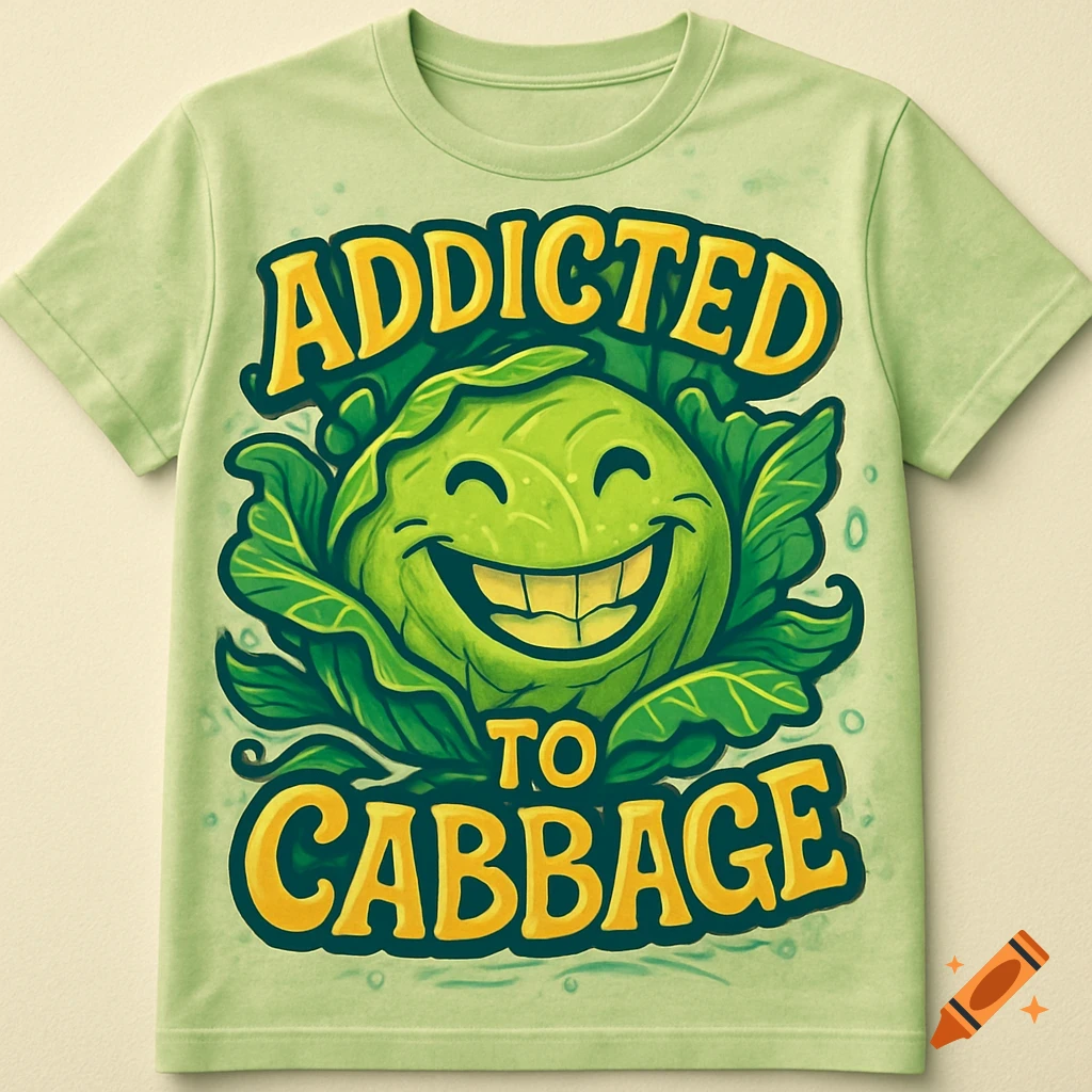 A light green t-shirt with a cartoon image of a happy, smiling cabbage surrounded by leaves. The text "ADDICTED TO CABBAGE" is written in yellow, outlined letters above and below the cabbage.