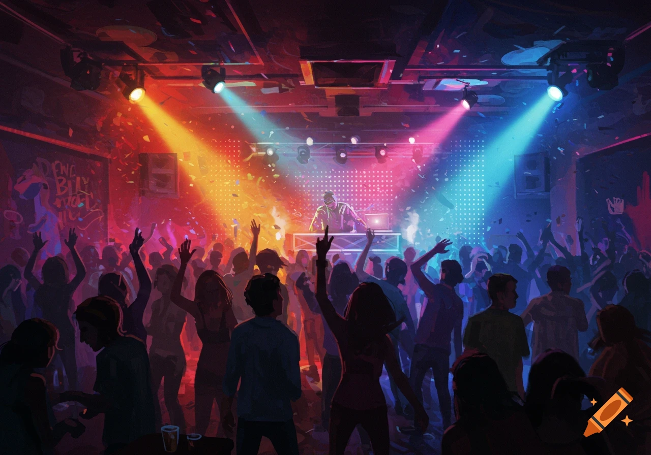 A vibrant, stylized illustration of a crowded party or nightclub with a DJ, colorful spotlights, and confetti filling the air.