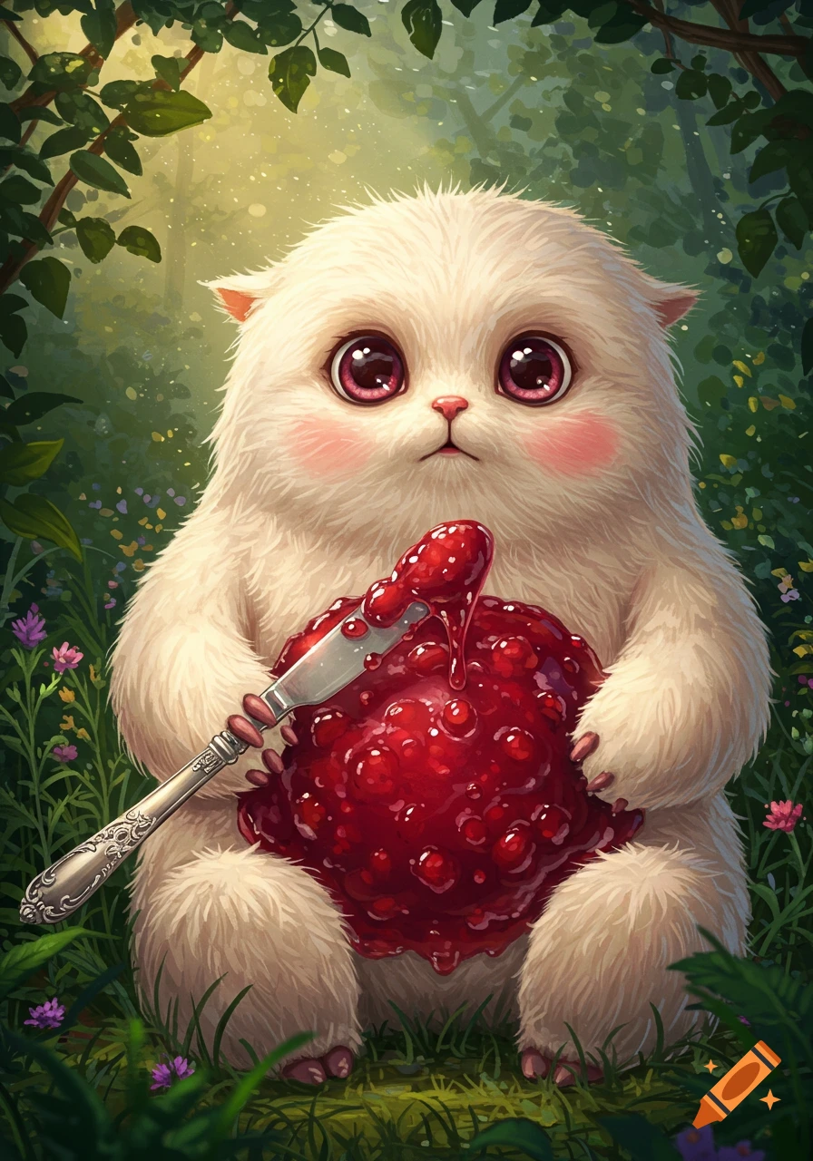 A whimsical illustration of a fluffy white creature with big pink eyes, covered in red jam, holding a knife in a forest.