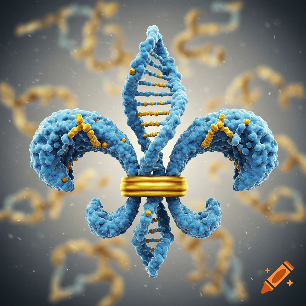A molecular fleur-de-lis with a DNA helix as the central petal and textured blue biological chains for the side petals, all with gold accents.
