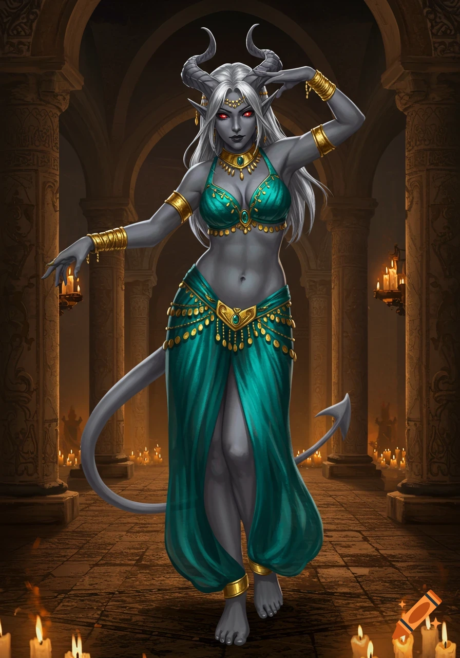 A gray-skinned tiefling woman with horns, white hair, red eyes, and a tail, wearing a teal and gold belly dance outfit, striking a pose in a candlelit hall.
