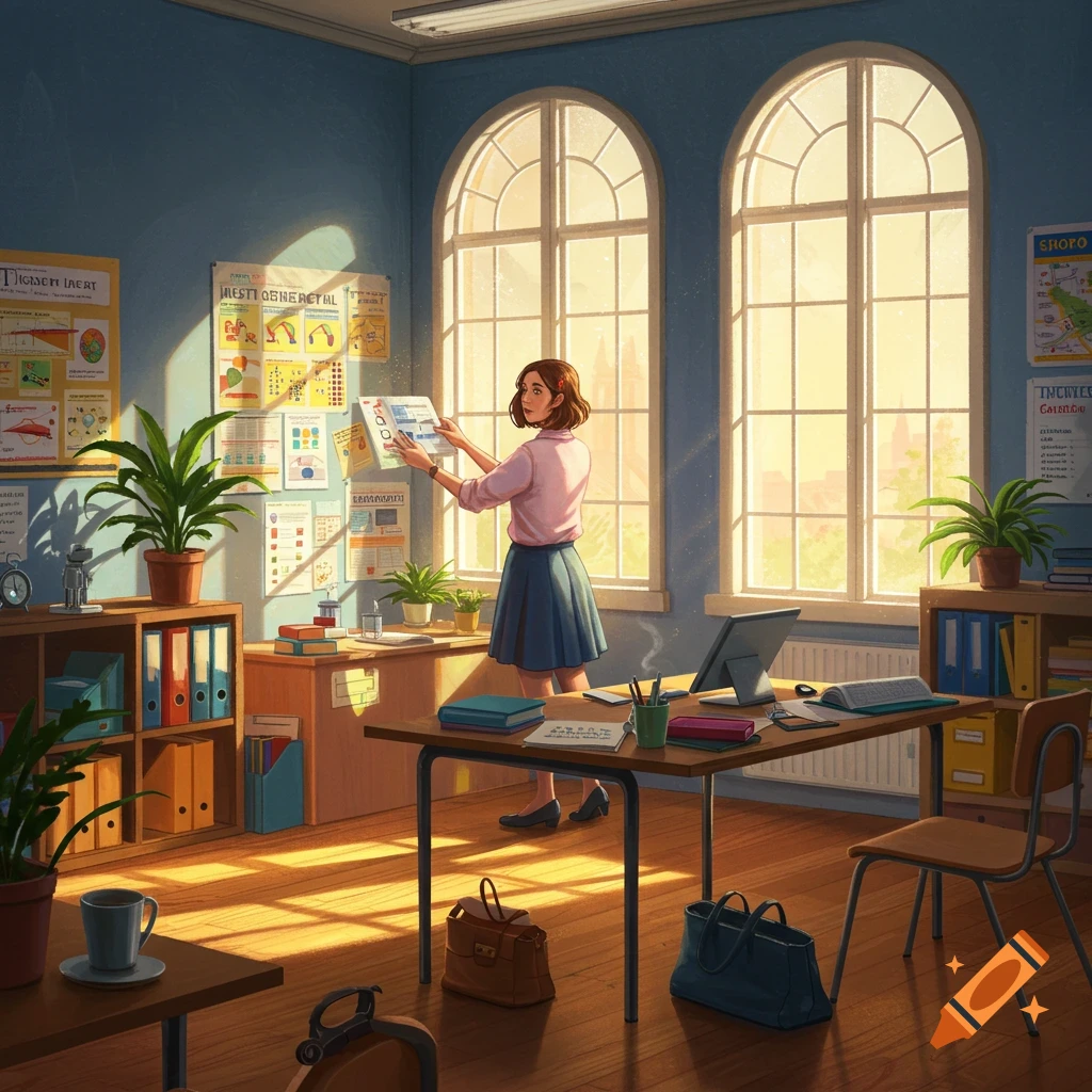 An illustration of a female teacher organizing papers in a sunlit classroom, preparing for an inspection.
