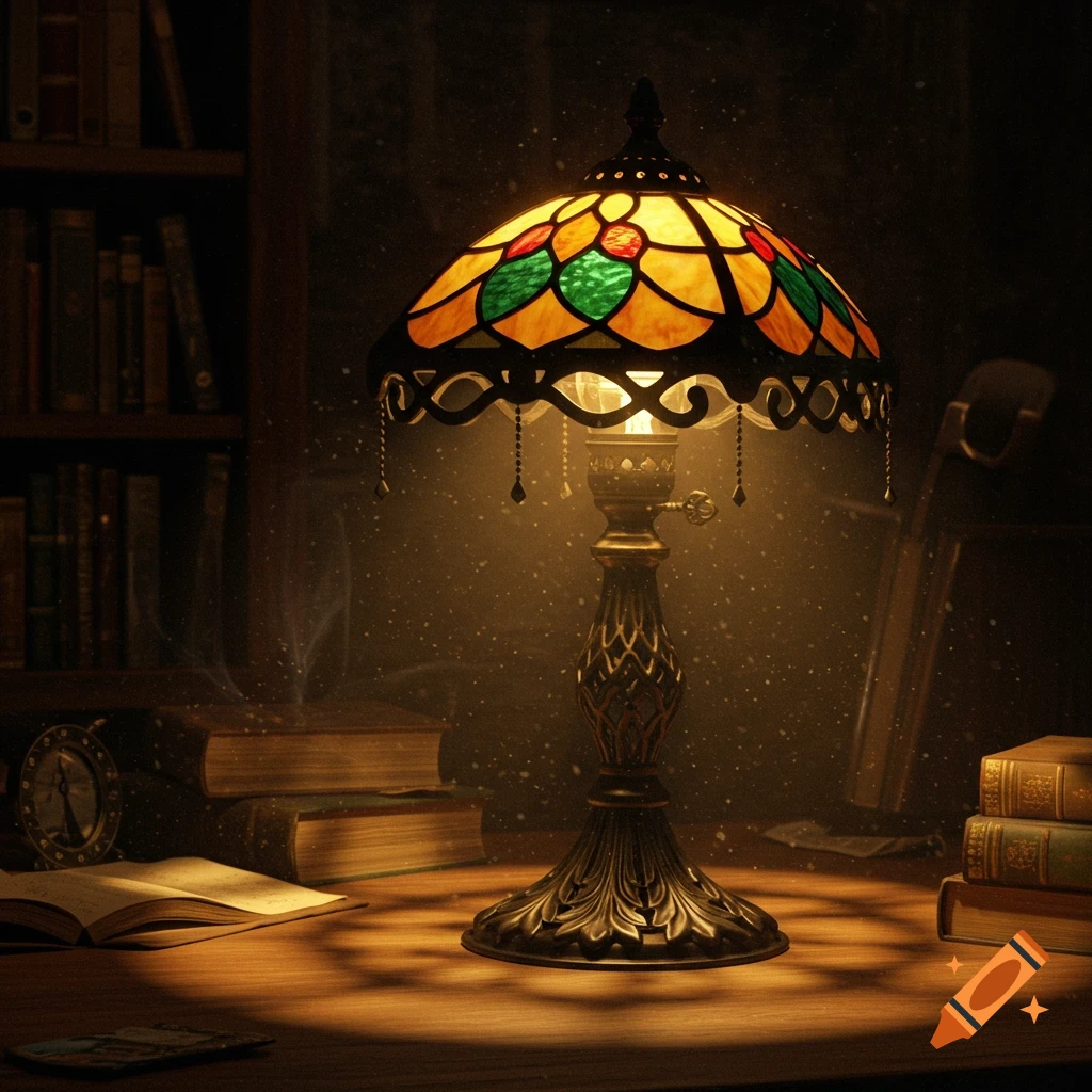 A glowing stained glass Tiffany-style lamp illuminates a dark, antique desk with open books and shelves in a cozy study.
