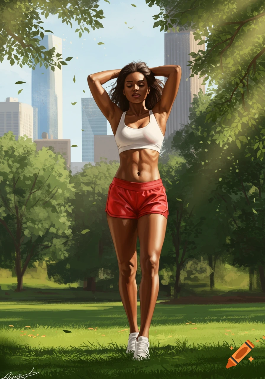 Illustrative portrait of an athletic woman in a white sports bra and red shorts stretching in a sunny park with city skyscrapers.