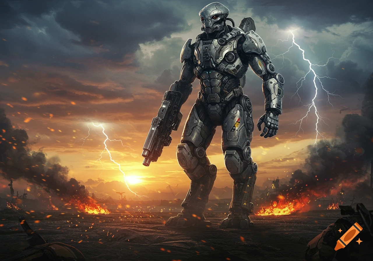 A large, armored sci-fi robot with a gun stands amidst a burning battlefield under a stormy, lightning-filled sunset.