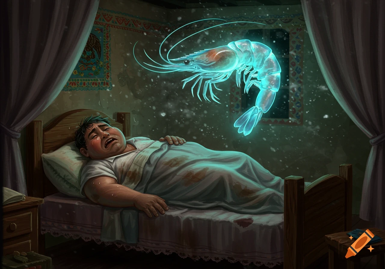 An illustration of a scared, sweating obese man lying in bed, haunted by a glowing, ghostly shrimp hovering above him.