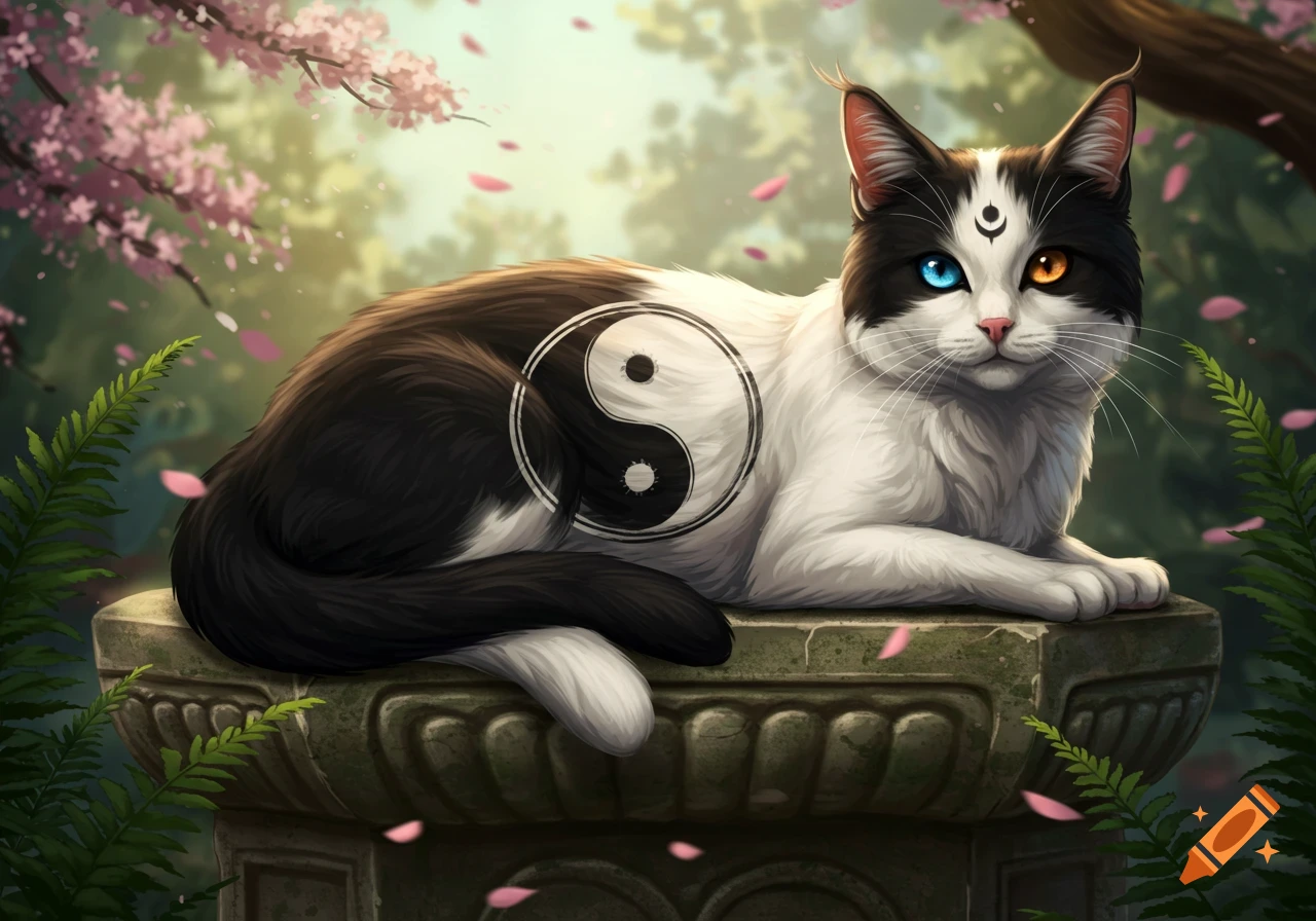 A fantasy cat with a yin-yang symbol on its body, one blue eye and one orange eye, rests on a stone pedestal among cherry blossoms.
