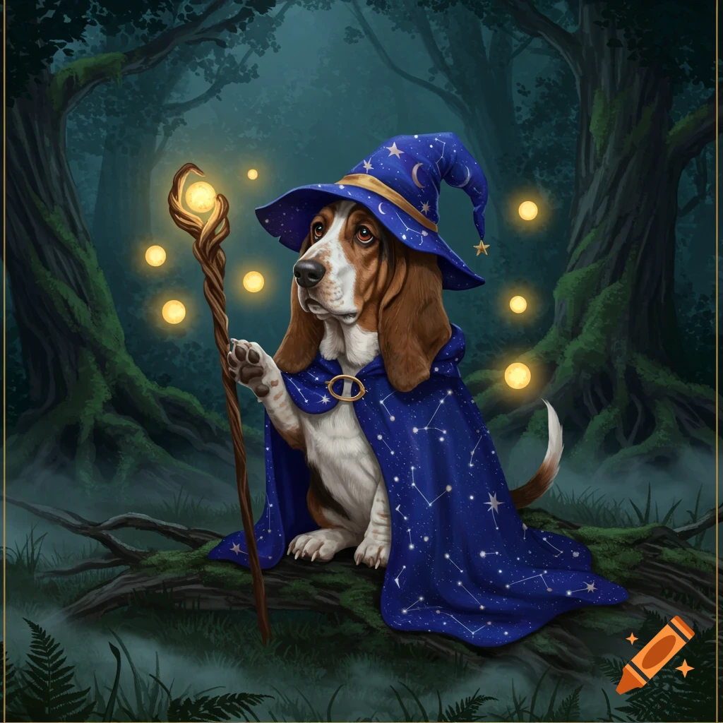 A basset hound dressed as a wizard, wearing a blue hat and cape with stars, holding a glowing staff in a magical forest.
