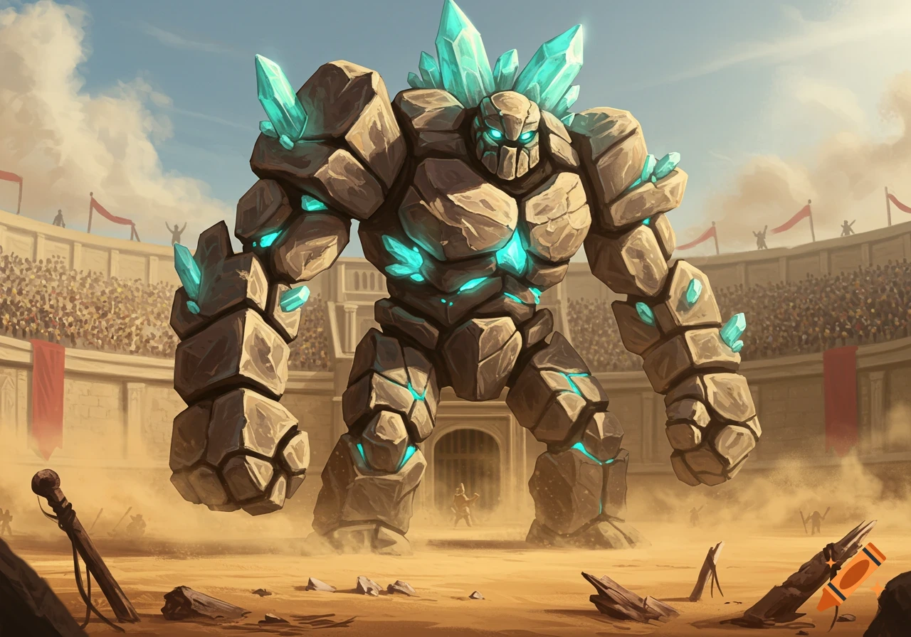 A massive rock golem with glowing blue crystals on its body stands in a sandy gladiatorial arena filled with a cheering crowd under a bright sky.