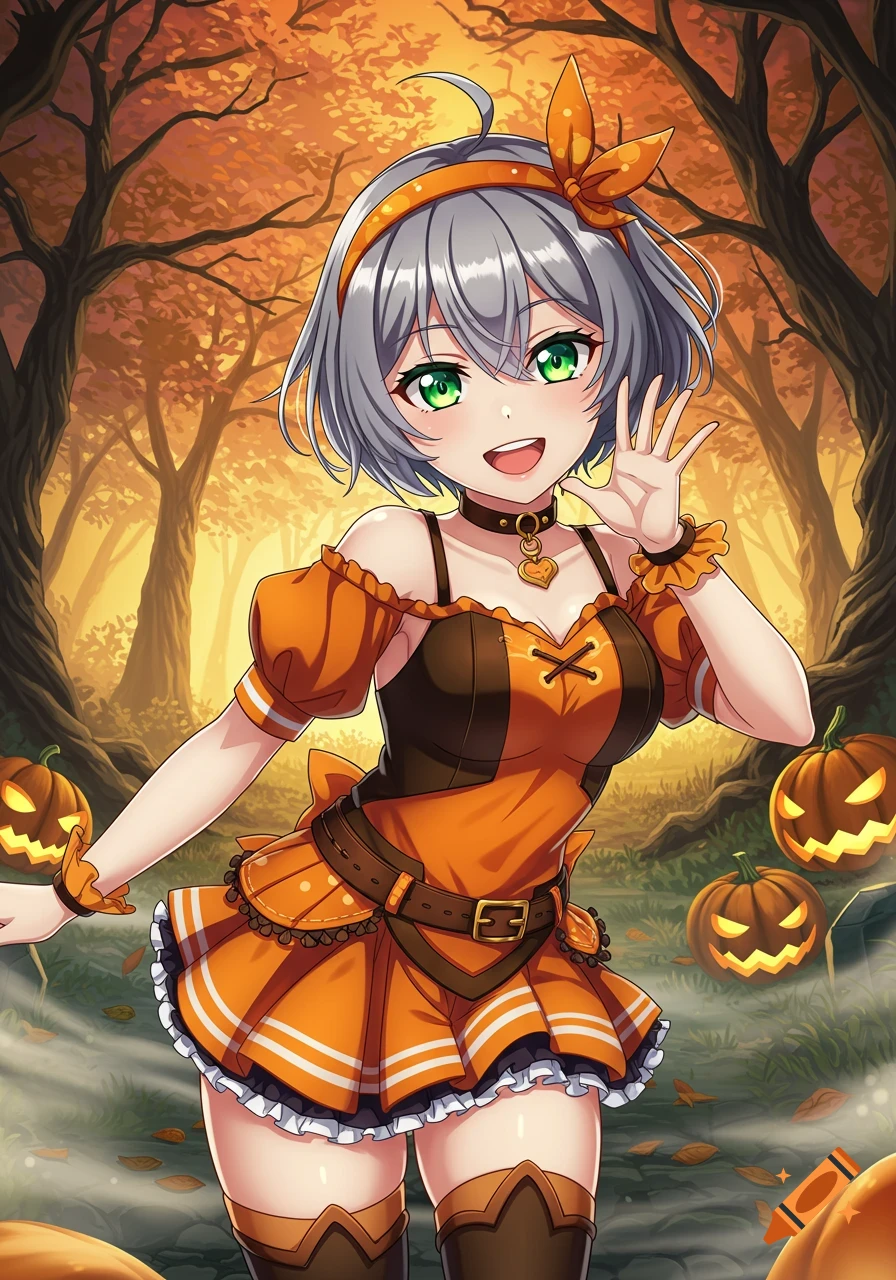 Anime woman with grey hair and green eyes in an orange Halloween costume, smiling and waving in a spooky forest with jack-o'-lanterns.