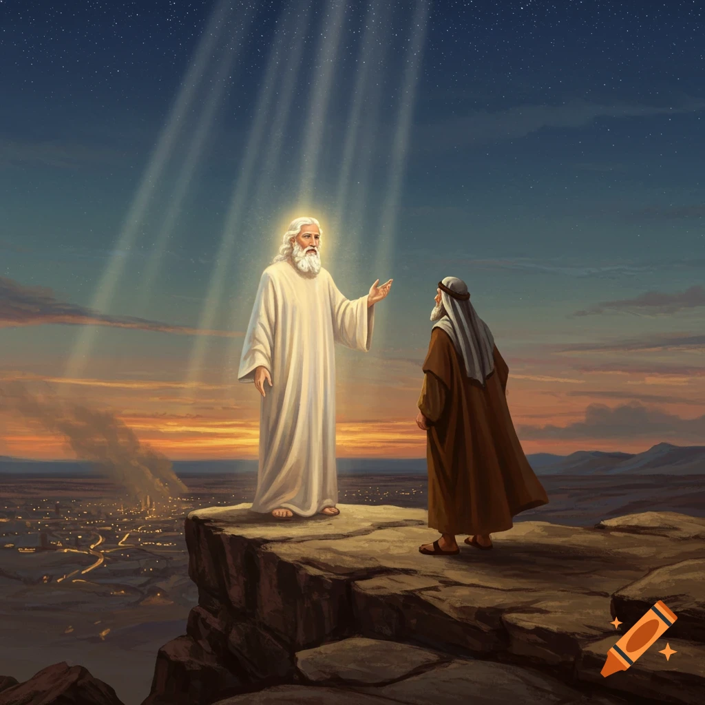 Two robed figures on a cliff overlooking a city at sunset, one figure glowing and illuminated by divine light rays from above.