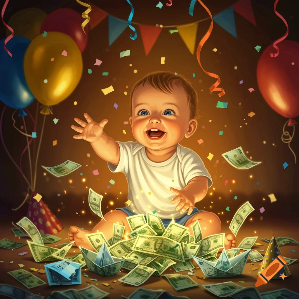A happy baby boy sits surrounded by piles of money and falling confetti, with balloons and party decorations.