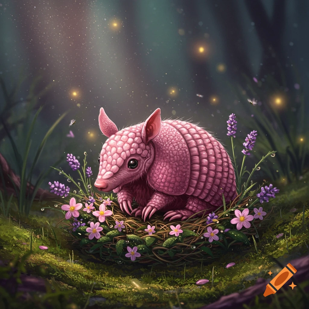 A cute pink armadillo sits in a nest of twigs and flowers, surrounded by fireflies and mystical light in a dark forest.