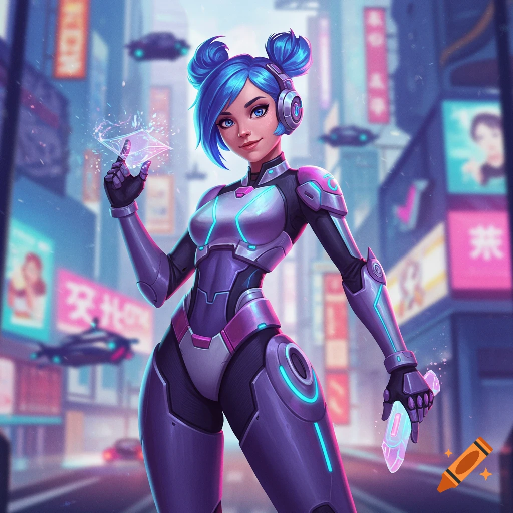 Blue-haired girl in a futuristic purple and silver suit holding glowing crystals on a cyberpunk street with flying cars, anime style.