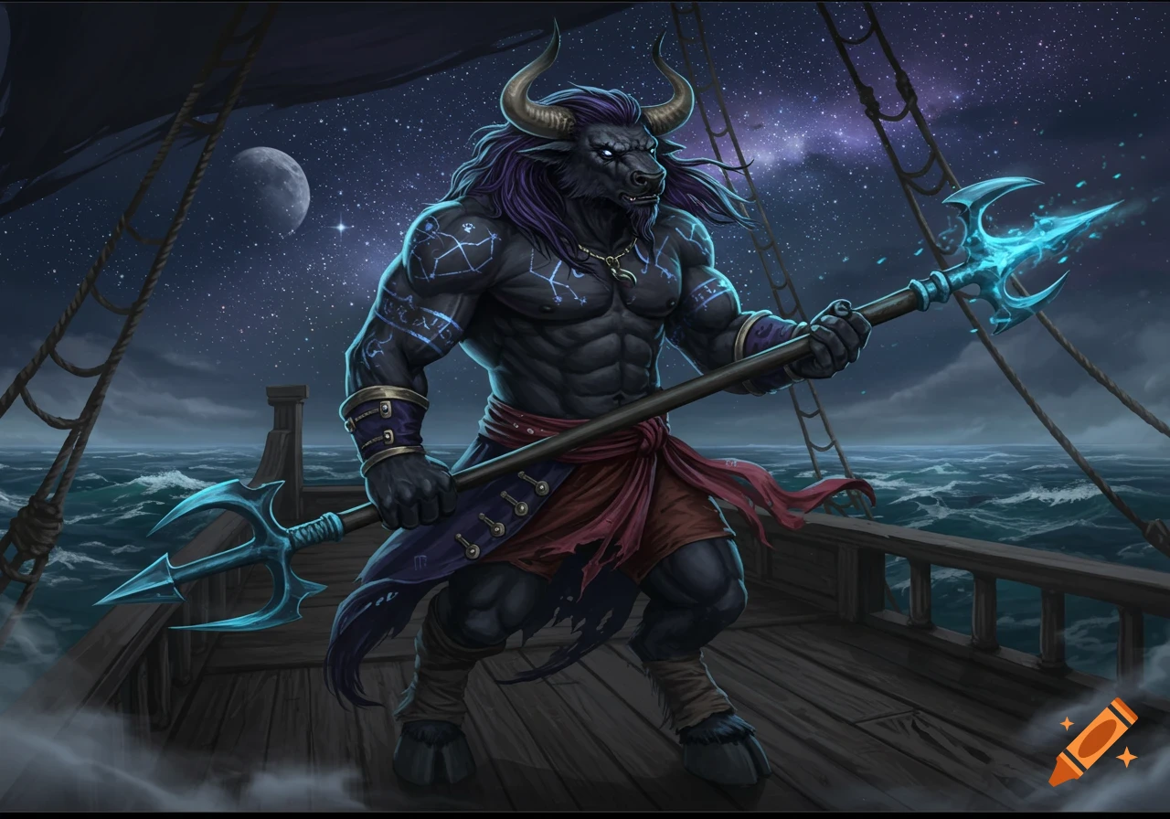 A muscular black minotaur pirate captain with purple hair and glowing constellation tattoos stands on a ship's deck at night, holding a luminous trident.