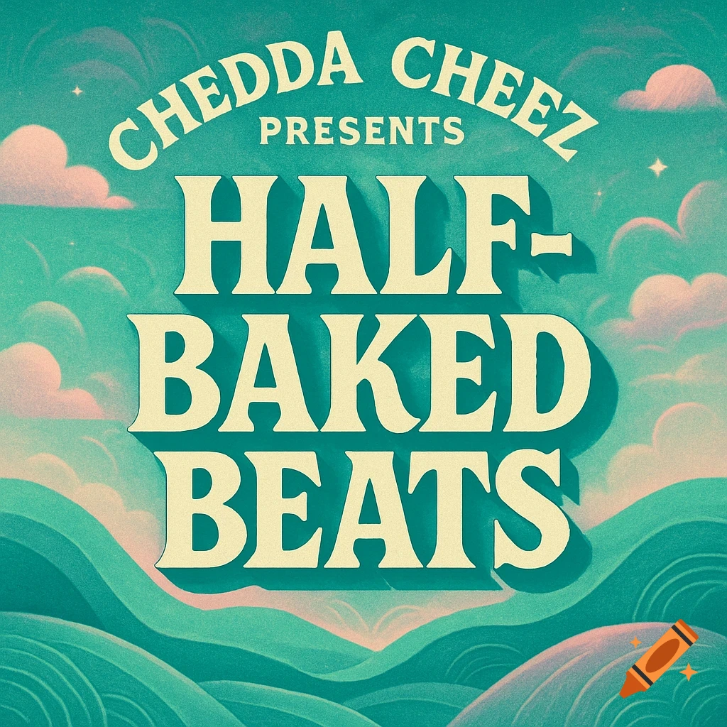 Stylized retro album cover with 'Chedda Cheez Presents Half-Baked Beats' text over wavy green hills and pink clouds.