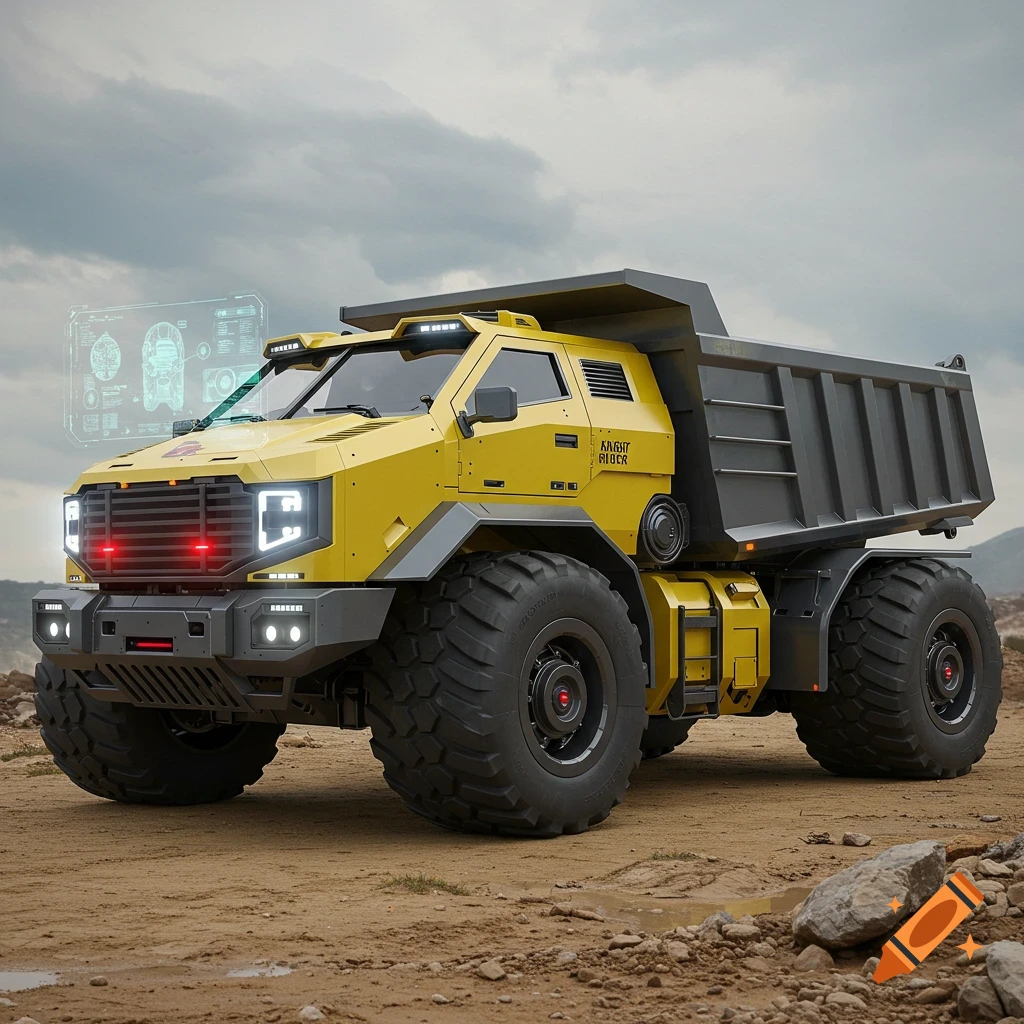 A futuristic, armored yellow dump truck with large off-road tires and a red scanner bar across the grille, parked on a dirt road under a cloudy sky.