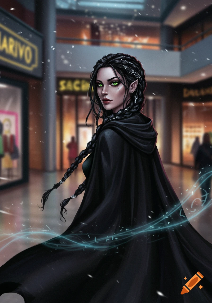 Digital painting of a dark-haired woman with pointed ears and green eyes in a black cloak standing in a mall with blue magic.
