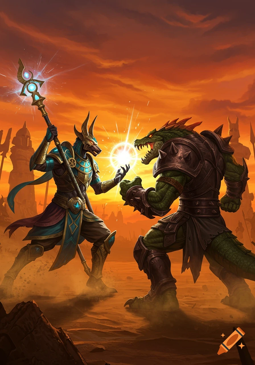An Anubis-like god and a crocodile monster face off with magic in a desert at sunset, digital fantasy art.