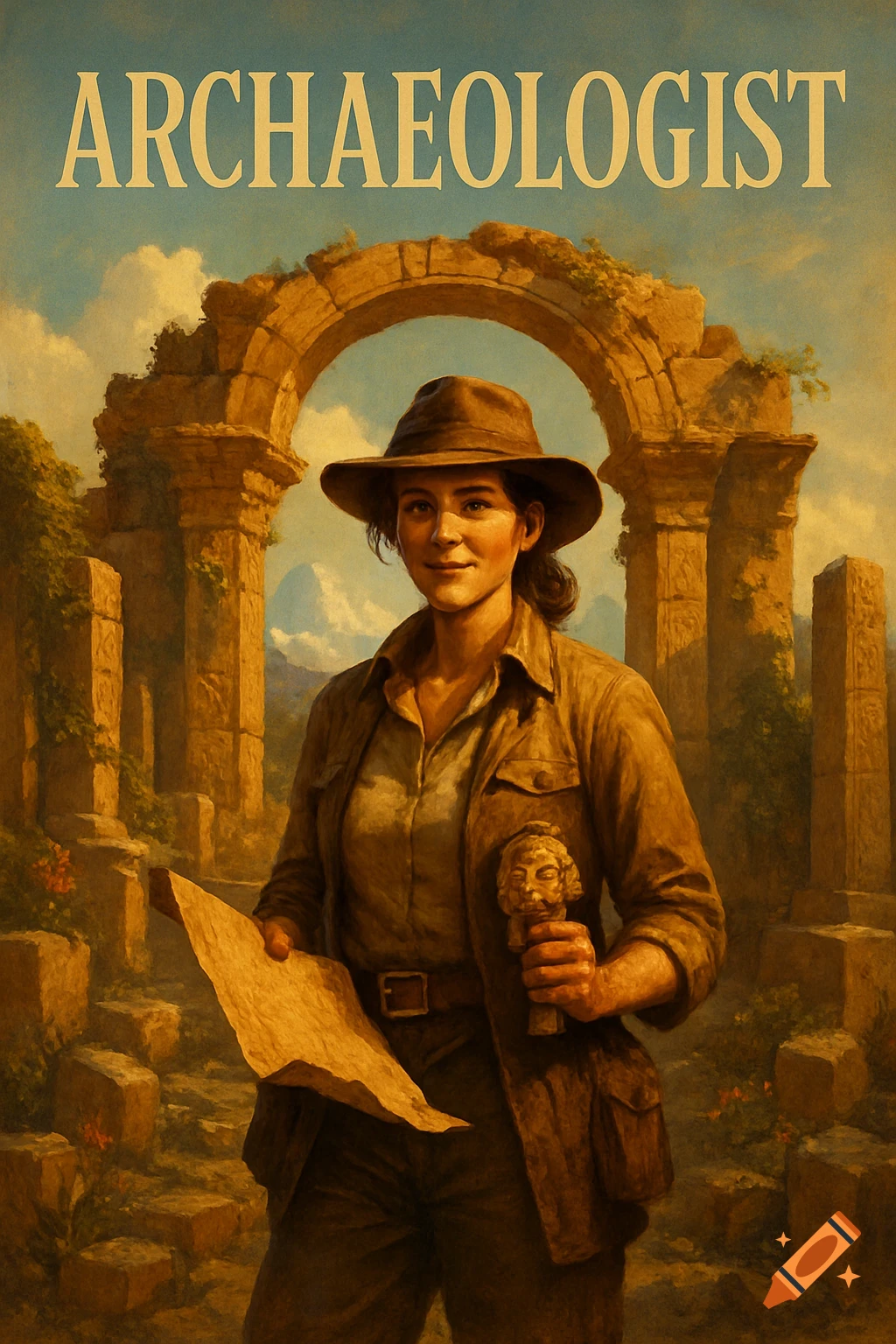 Painted portrait of an archaeologist in a hat holding a map and artifact, standing in ancient ruins with 'ARCHAEOLOGIST' text above.