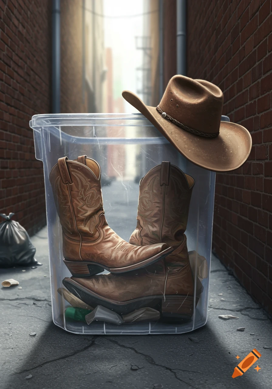 A pair of brown cowboy boots and a cowboy hat sit in a clear plastic trash bin in a brick alleyway.