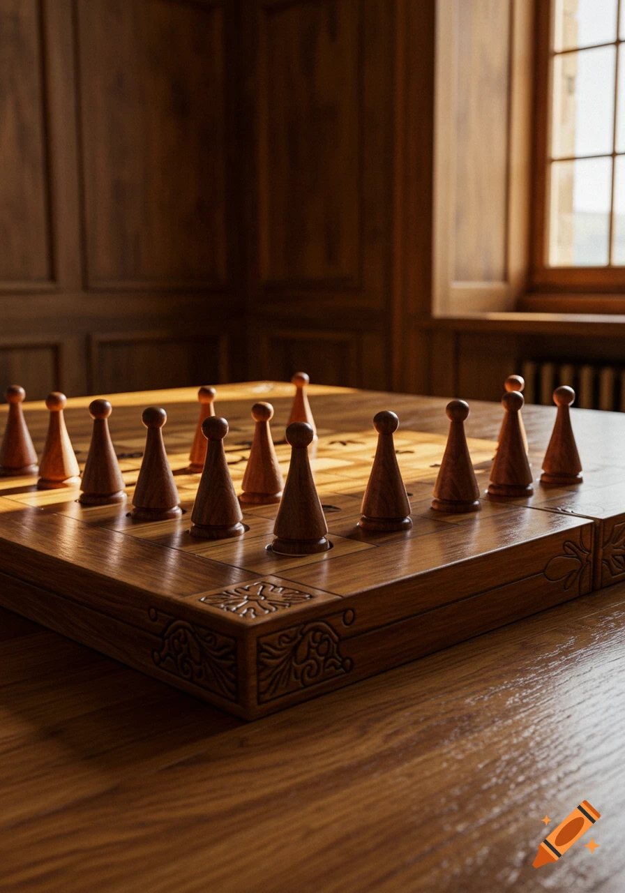 Photorealistic image of a wooden peg game board with pieces on a table, bathed in warm light from a nearby window.
