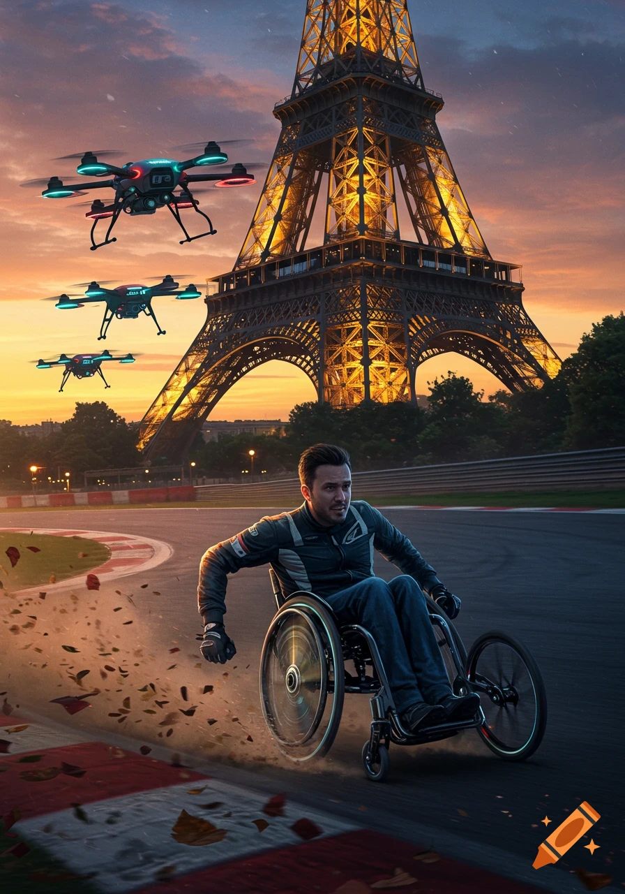 Man in a racing wheelchair speeds down a track, with drones flying and the Eiffel Tower in the background at sunset, photorealistic style.