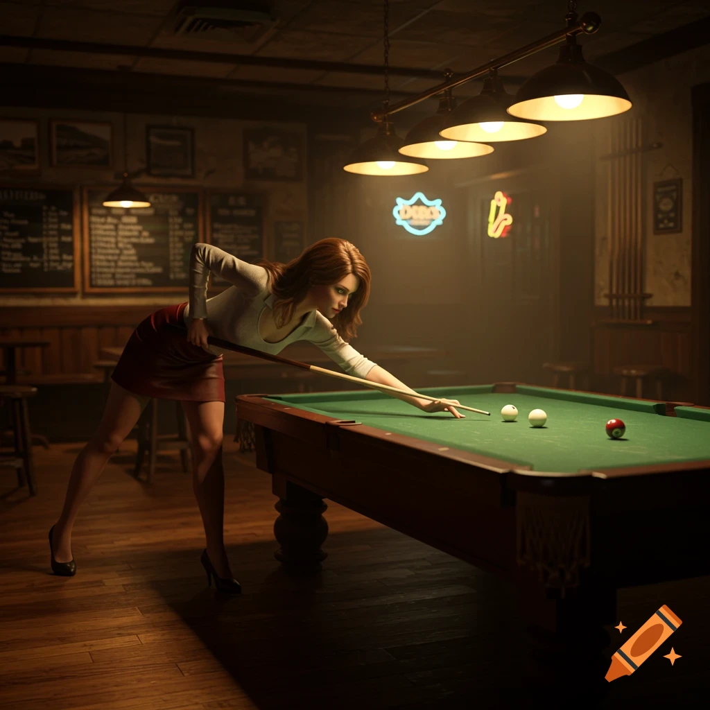 A woman in a red skirt and white top lines up a shot on a pool table in a dimly lit bar.