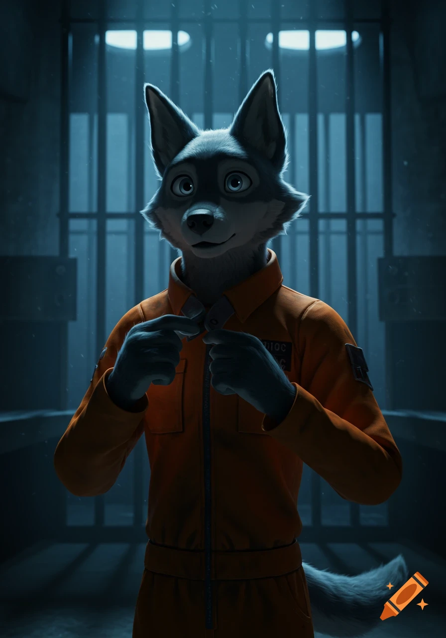 An anthropomorphic wolf in an orange prison jumpsuit fixes its collar in a dimly lit cell, digital art.