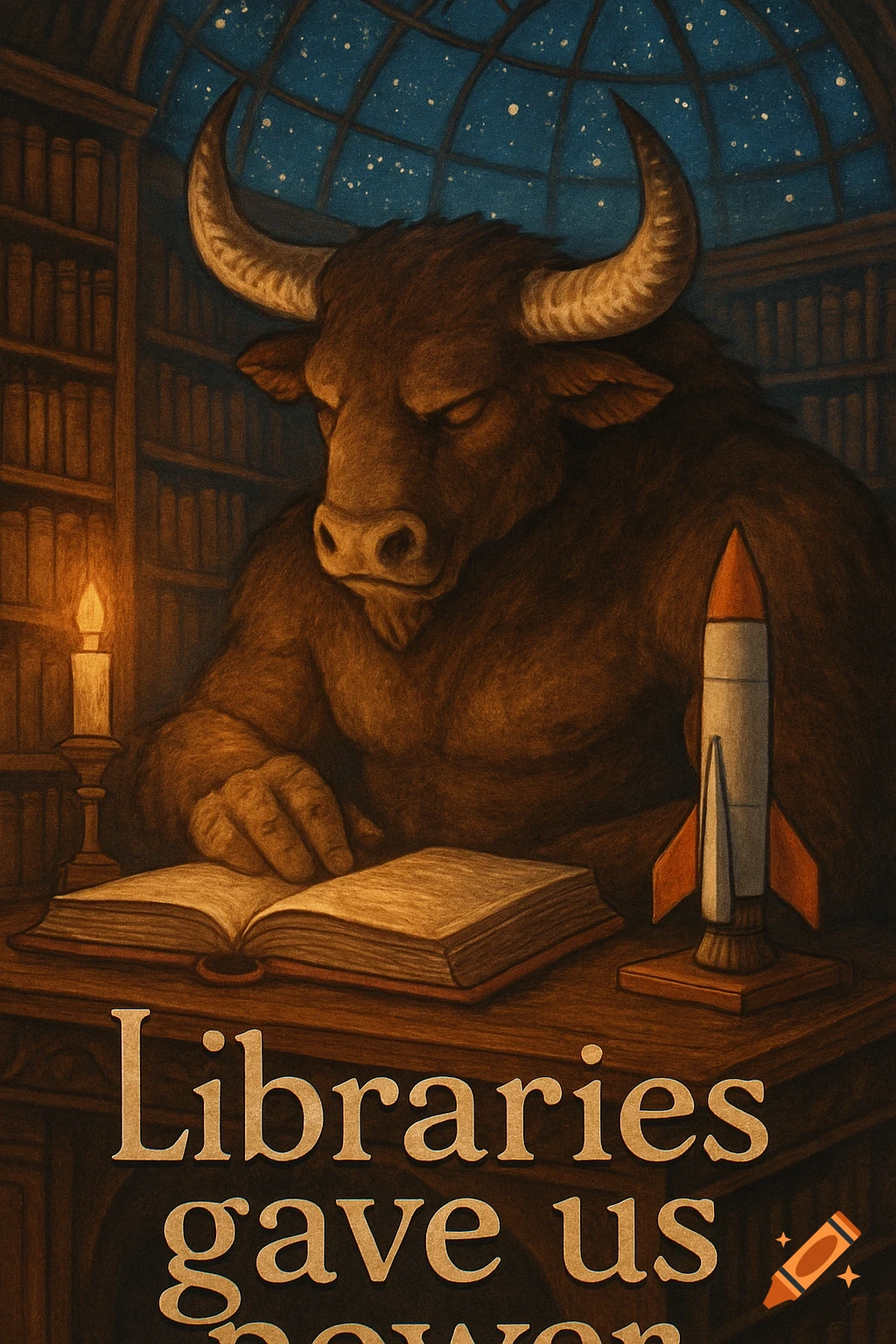 A minotaur reads a book in a library with a starry glass roof and a model rocket. Text: 'Libraries gave us power'.