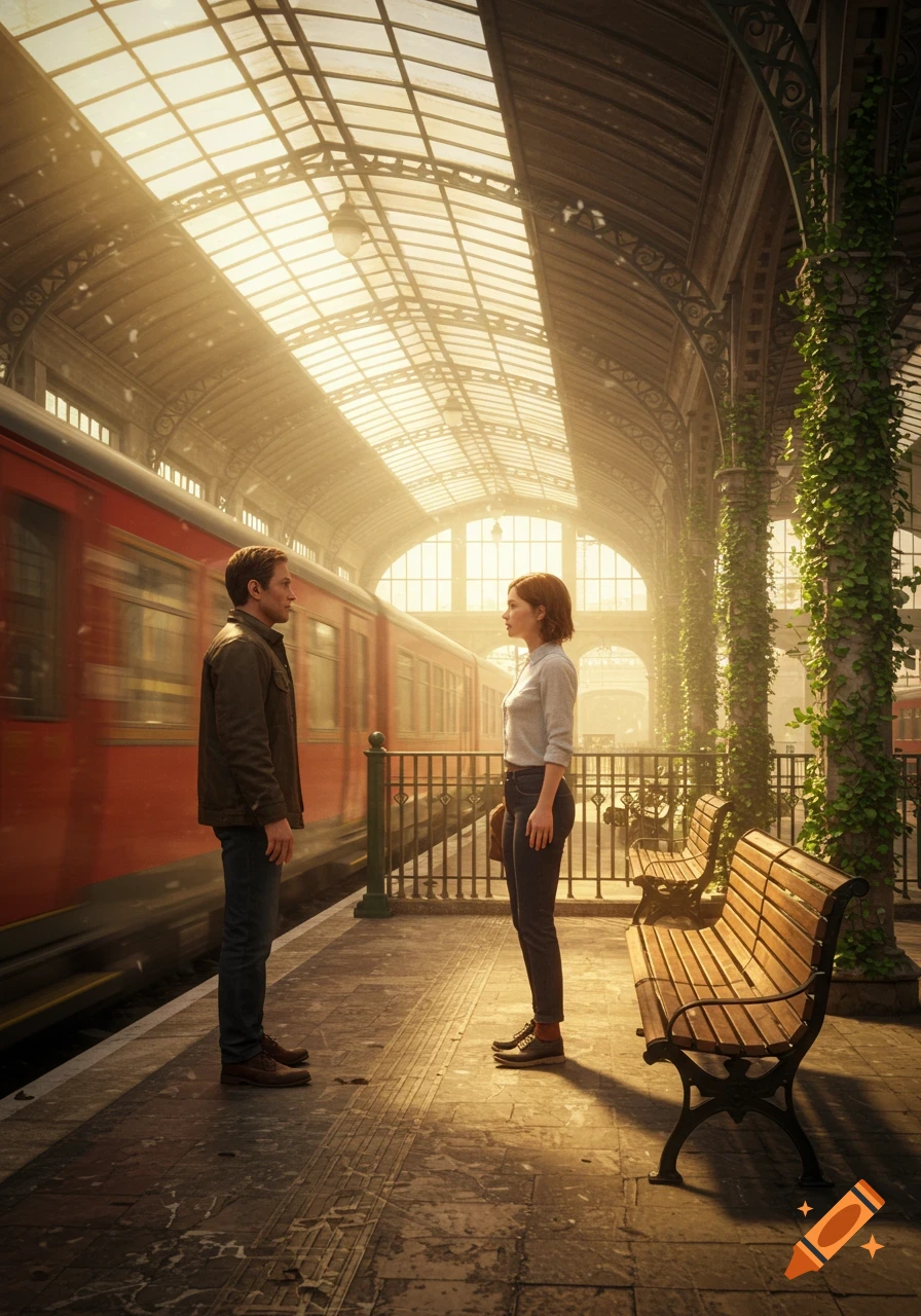 A man and a woman stand on a sunny train station platform, looking at each other as a red train passes by.