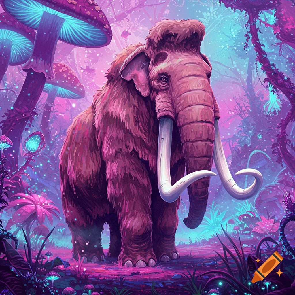 A vibrant, pink-furred mammoth with tusks stands in a psychedelic forest filled with glowing purple, pink, and blue mushrooms and plants.