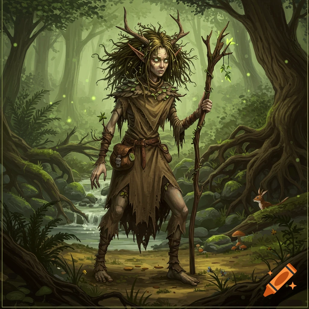 A gaunt antlered female wood elf druid with messy green hair and glowing white eyes in ragged clothing holds a staff in a mystical forest, digital painting.