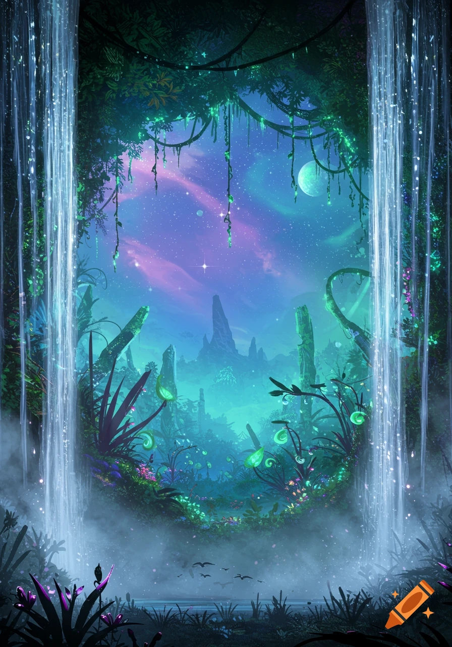Two luminous waterfalls frame a vibrant, glowing alien jungle under a starry, purple-blue cosmic sky with a large moon.