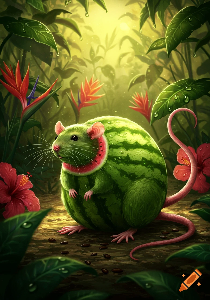 A whimsical green rat with a watermelon body stands in a lush tropical jungle surrounded by dewy leaves and flowers.