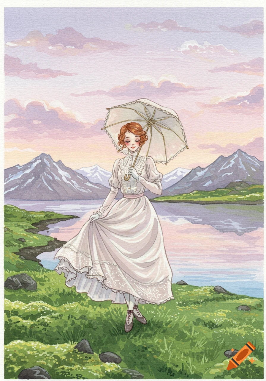 An illustration of a woman in a white Victorian-style dress holding an umbrella, standing in a lush green field by a lake with mountains under a pink and purple sky.