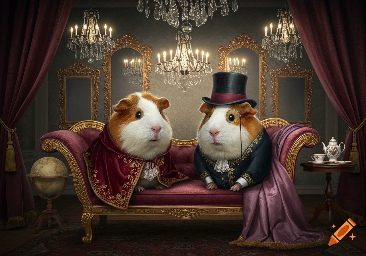 Two guinea pigs in elaborate, old-fashioned attire, one with a top hat and monocle, sit on a luxurious red sofa in a richly decorated room with chandeliers.