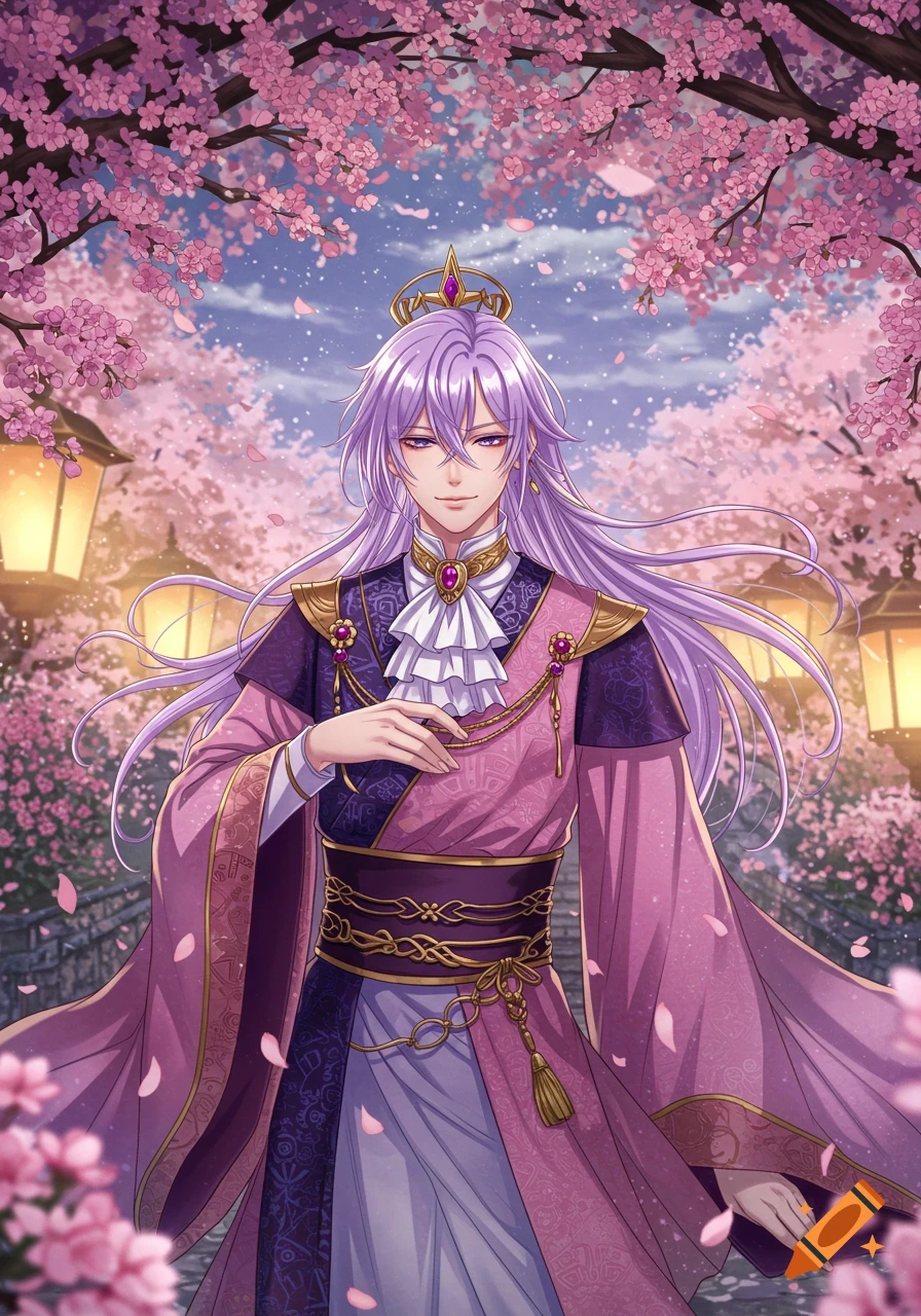 Anime femboy prince with long lavender hair in an ornate pink and purple outfit, standing under blooming cherry blossoms.