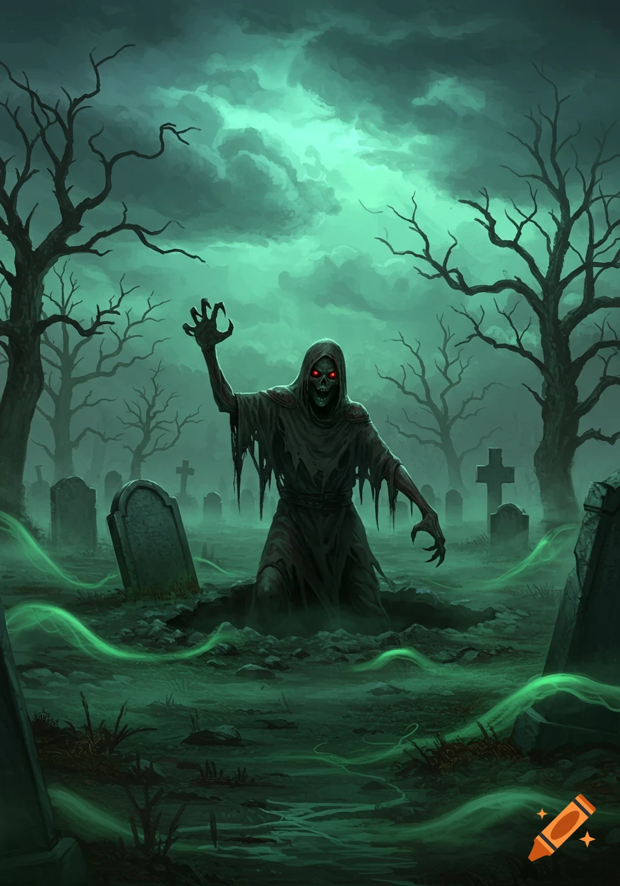 A hooded zombie-like creature with glowing red eyes rises from a grave in a foggy, green-lit cemetery with bare trees.