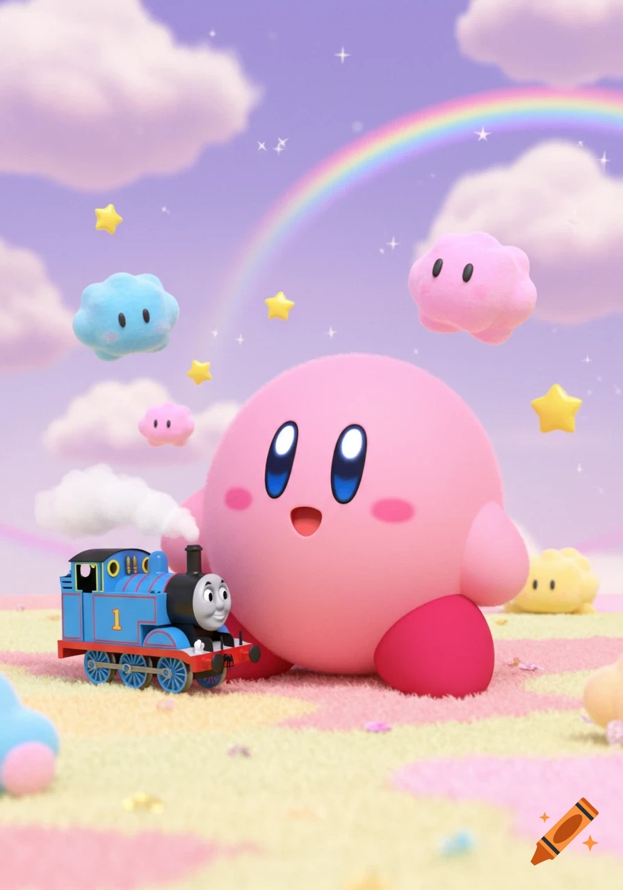 Kirby and Thomas the Tank Engine in a colorful, whimsical landscape with clouds, stars, and a rainbow.