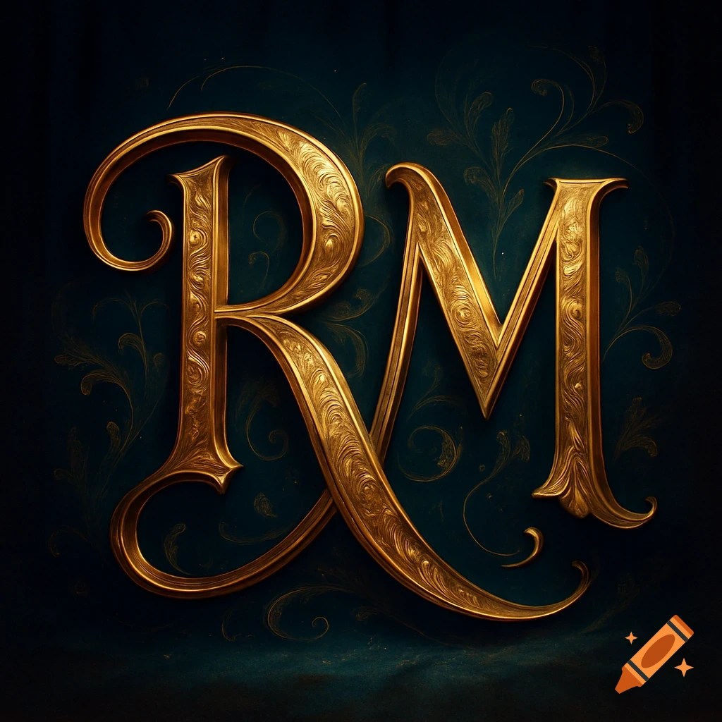 Ornate golden cursive letters 'R' and 'M' on a dark teal background with subtle floral patterns.