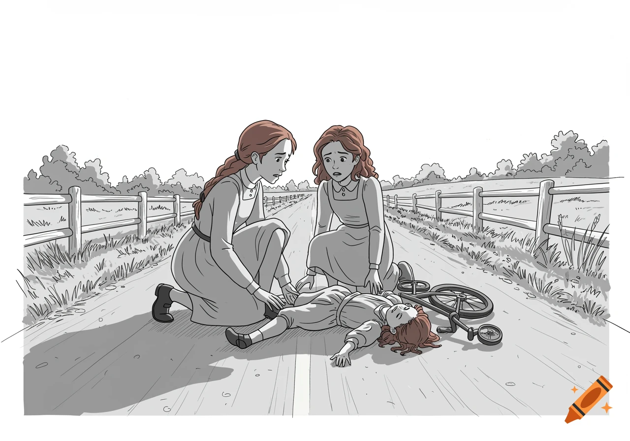 Two girls crouch by an unconscious child and a fallen bicycle on a road in a simple comic illustration.