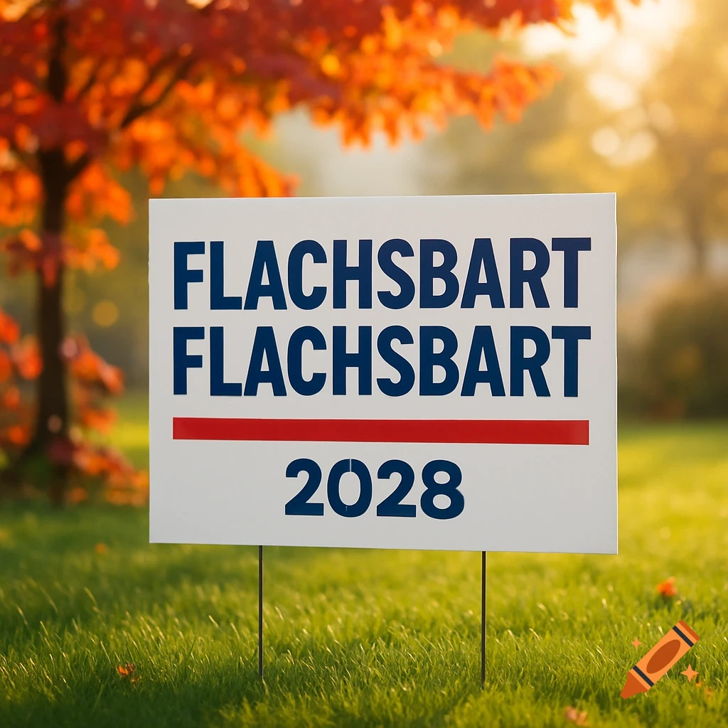 A white political lawn sign on green grass, reading 'FLACHSBART FLACHSBART 2028' in blue, with a blurred autumn tree in the background.